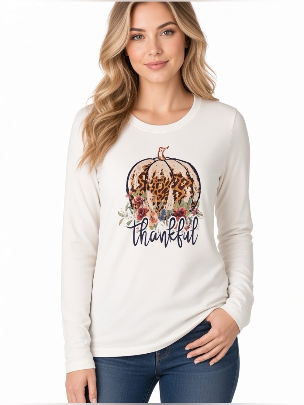 Women’s Fall Long Sleeve Thankful Leopard Print Pumpkin Graphic Tee